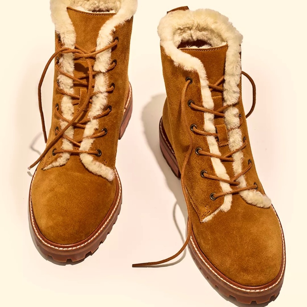 The Clair Lace-Up Boot in Shearling-Lined Suede
